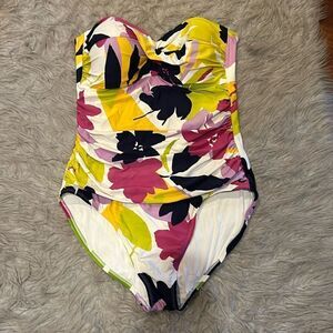 Anne Cole twist bandeau yellow, pink, white and blue floral one piece swimsuit